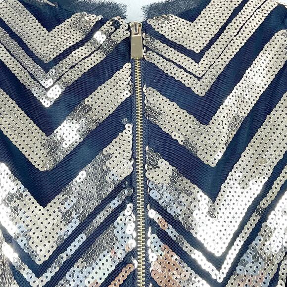 Vince Camuto Black Gold Sequin Dress Chevron Sleeveless Lined Fringe Hem Gatsby - Picture 4 of 12